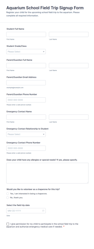 Aquarium School Field Trip Signup Form Template