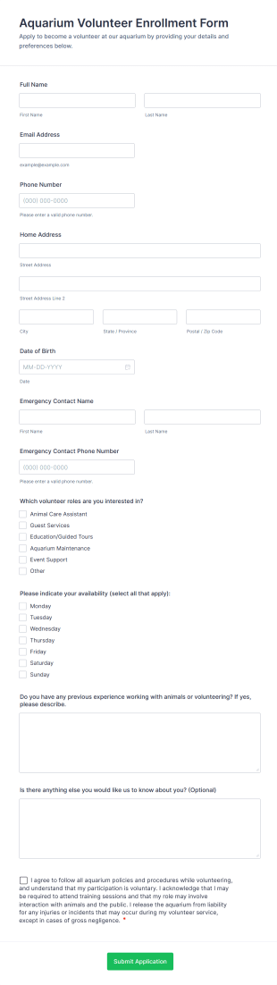 Aquarium Volunteer Enrollment Form Template
