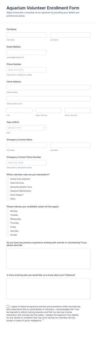 Aquarium Volunteer Enrollment Form Template