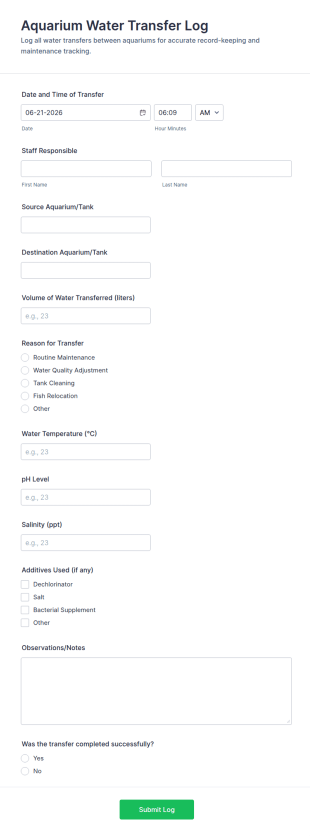 Aquarium Water Transfer Log Form Template
