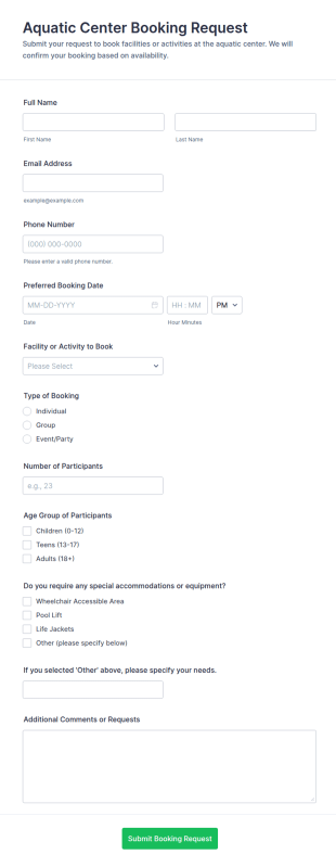 Aquatic Center Booking Request Form Template