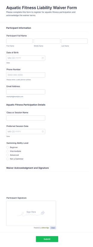 Aquatic Fitness Liability Waiver Form Template
