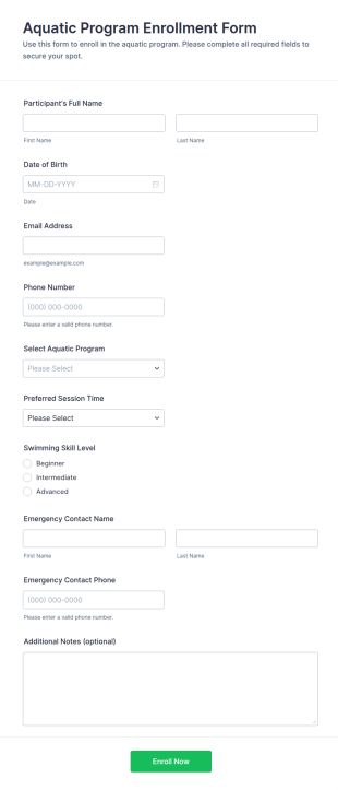 Aquatic Program Enrollment Form Template