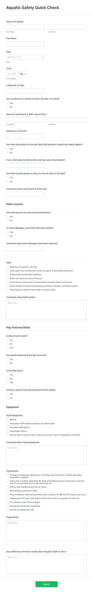 Aquatic Safety Quick Check Form Template
