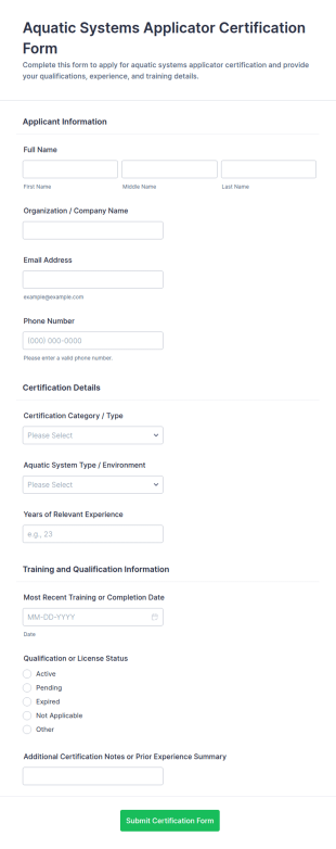 Aquatic Systems Applicator Certification Form Template
