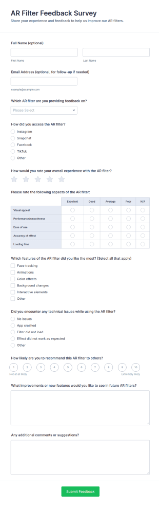 AR Filter Feedback Survey Form Template