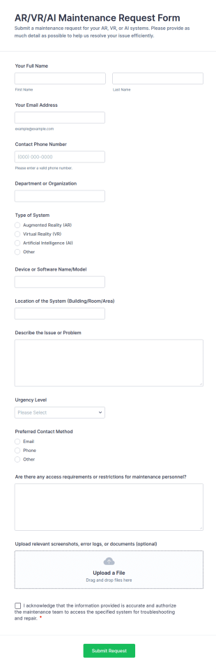 AR/VR/AI Maintenance Request Form Template