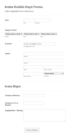 Araba Kulübü Kayıt Form Template