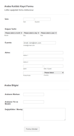 Araba Kulübü Kayıt Form Şablonu