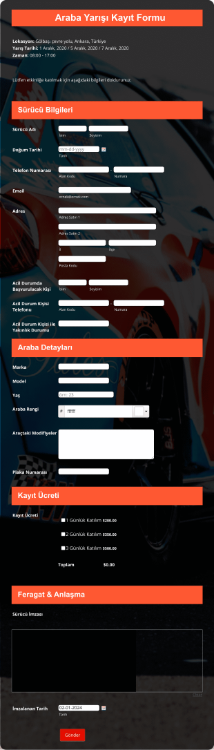 Araba Yarışı Kayıt Form Template