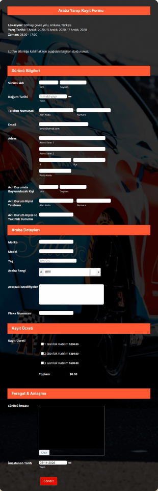 Araba Yarışı Kayıt Form Şablonu