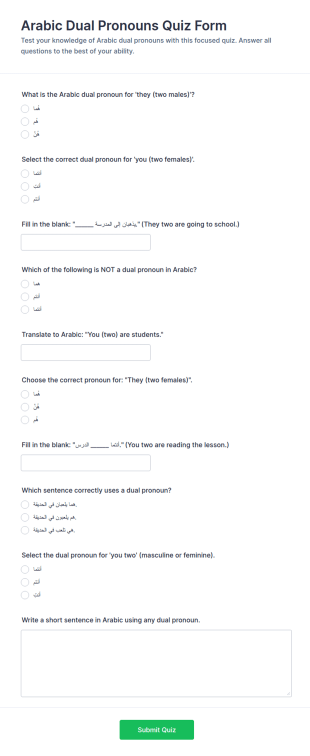 Arabic Dual Pronouns Quiz Form Template
