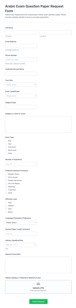 Arabic Exam Question Paper Request Form Template