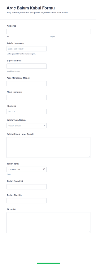 Araç Bakım Kabul Form Şablonu