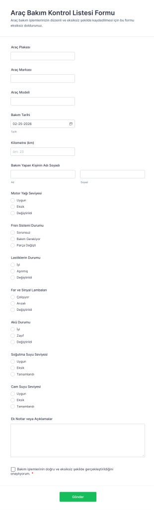 Araç Bakım Kontrol Listesi Form Şablonu