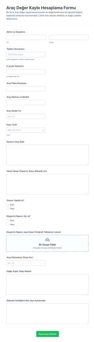 Araç Değer Kaybı Hesaplama Form Şablonu