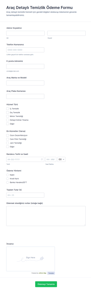 Araç Detaylı Temizlik Ödeme Form Şablonu