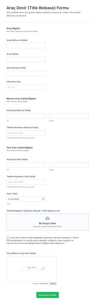 Araç Devir (Title Release) Form Template