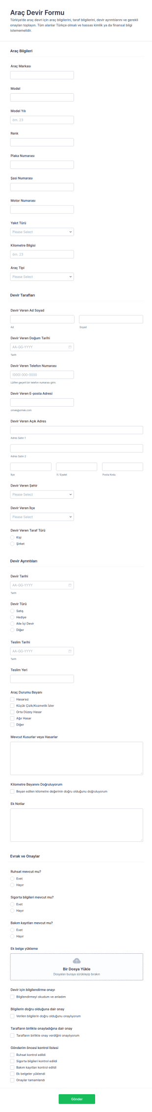 Araç Devri İşlemi Formu 🚗 Form Şablonu