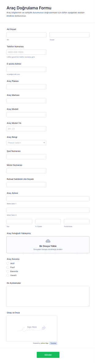 Araç Doğrulama Formu 🚗 Form Şablonu