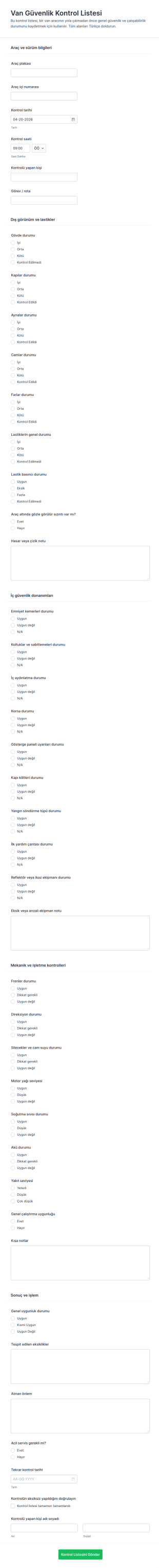 Araç Güvenliği Kontrol Listesi Formu 🚗🛡️ Form Şablonu