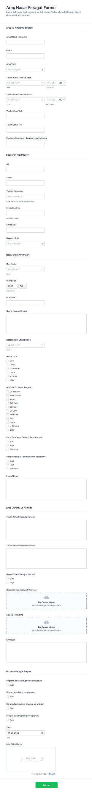 Araç Hasar Feragatname Form Şablonu