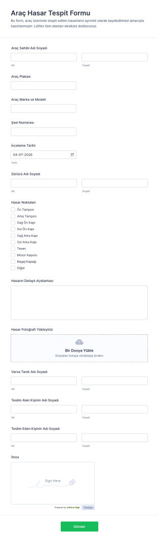 Araç Hasar Tespit Formu 🚗 Form Şablonu