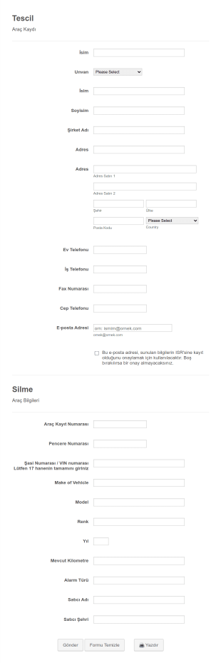 Araç Kayıt Form Template