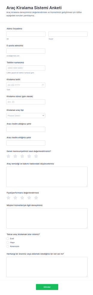 Araç Kiralama Anketi 🚗 Form Şablonu