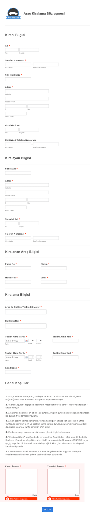 Araç Kiralama Sözleşmesi Örneği Form Şablonu
