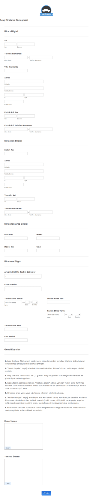 Araç Kiralama Sözleşmesi Örneği Form Şablonu