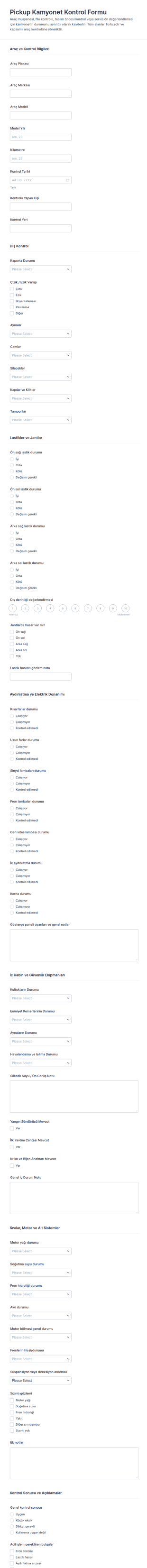 Araç Kontrol Listesi Formu 🚚 Form Şablonu