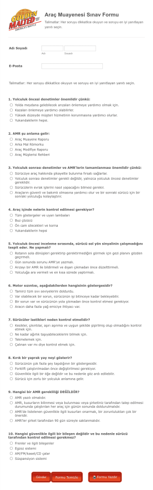 Araç Muayenesi Sınav Form Şablonu