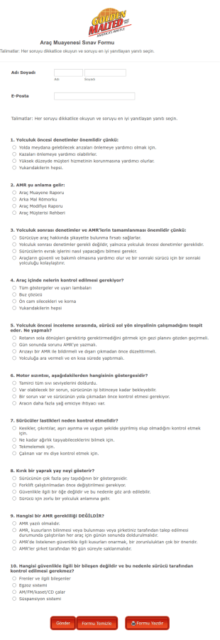 Araç Muayenesi Sınav Form Şablonu