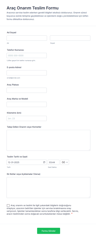 Araç Onarım Teslim Form Template