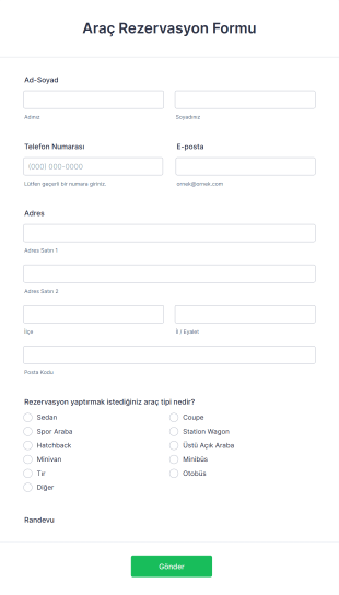 Kiralık Araç Rezervasyon Form Şablonu