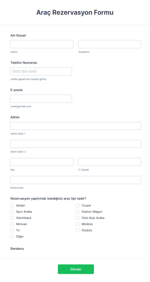 Kiralık Araç Rezervasyon Form Şablonu