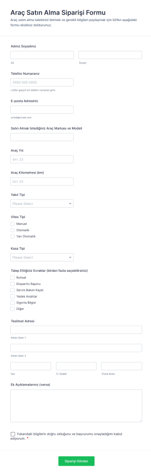 Araç Satın Alma Siparişi Form Template
