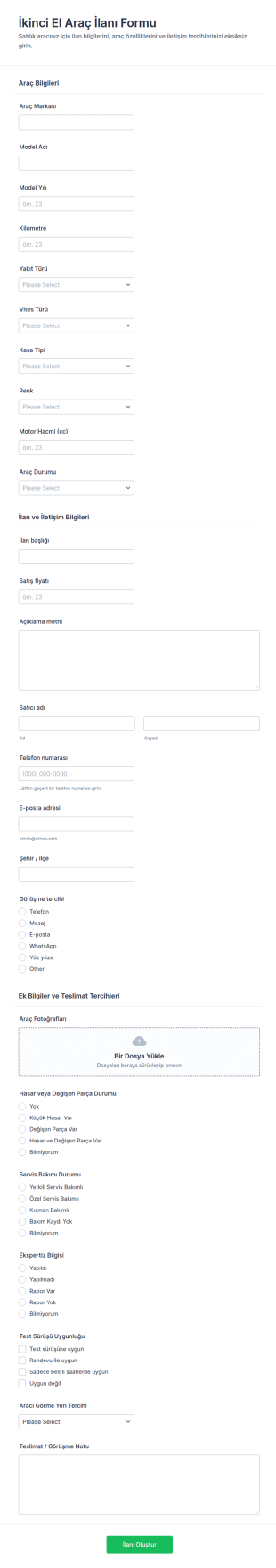 Araç Satış İlanı Form Şablonu