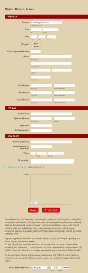 Araç Satış Müşteri Başvuru Form Şablonu