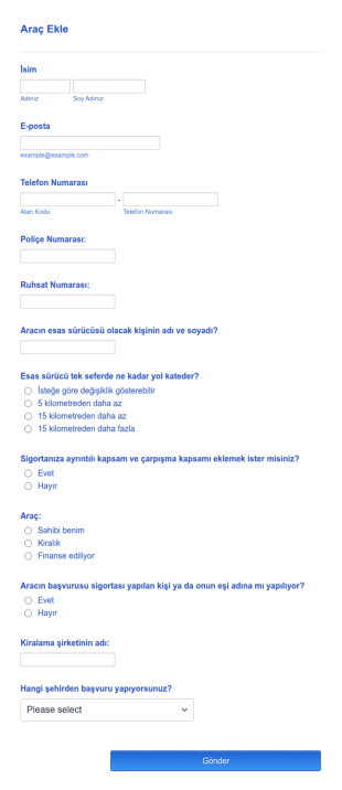 Araç Sigortası Başvuru Form Şablonu