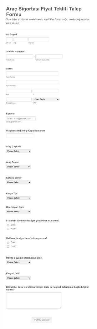 Araç Sigortası Fiyat Teklifi Talep Form Template