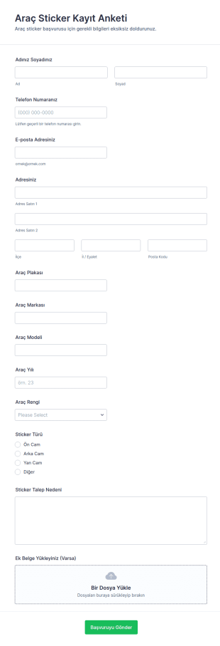 Araç Sticker Kaydı Formu 🚗 Form Şablonu