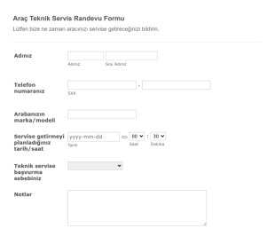 Araç Teknik Servis Randevu Form Şablonu