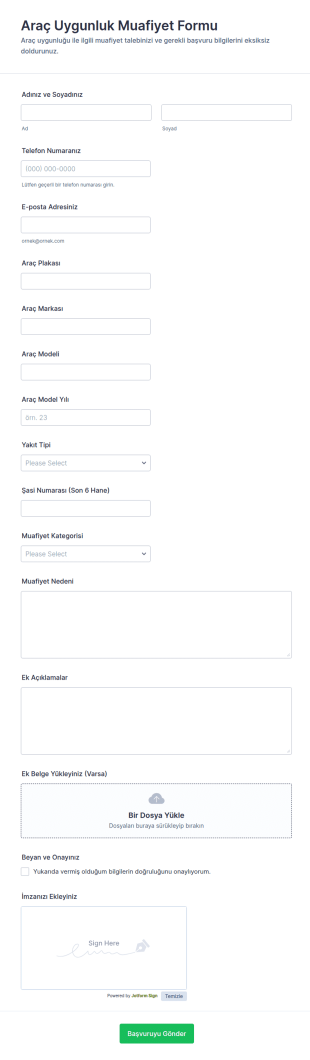 Araç Uyumluluk Feragatname Formu 🚗 Form Şablonu