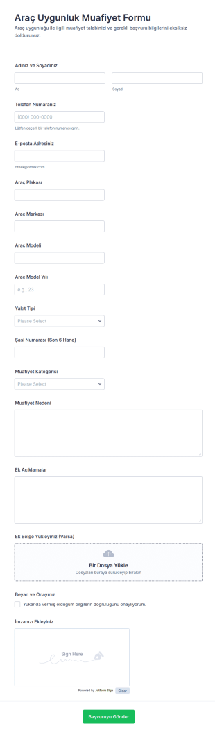 Araç Uyumluluk Feragatname Formu 🚗 Form Şablonu