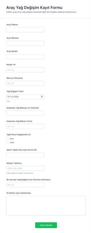 Araç Yağ Değişim Kayıt Form Template