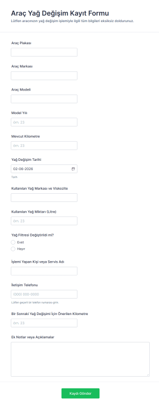 Araç Yağ Değişim Kayıt Form Şablonu
