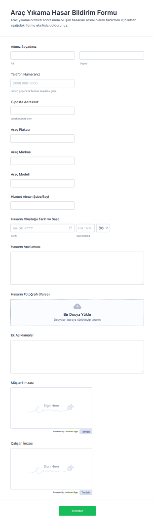 Araç Yıkama Hasar Bildirim Form Şablonu