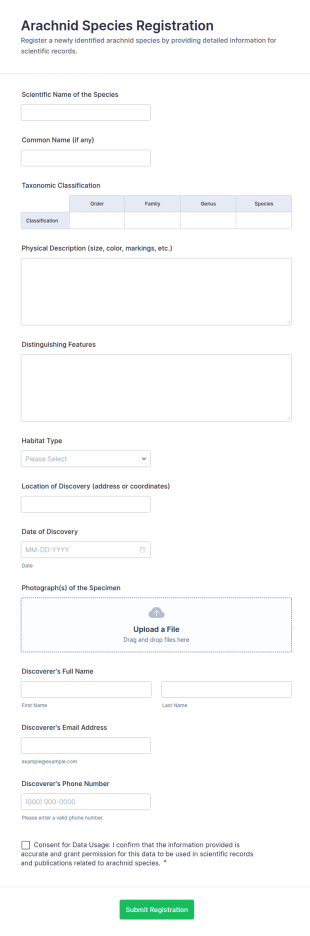 Arachnid Species Registration Form Template